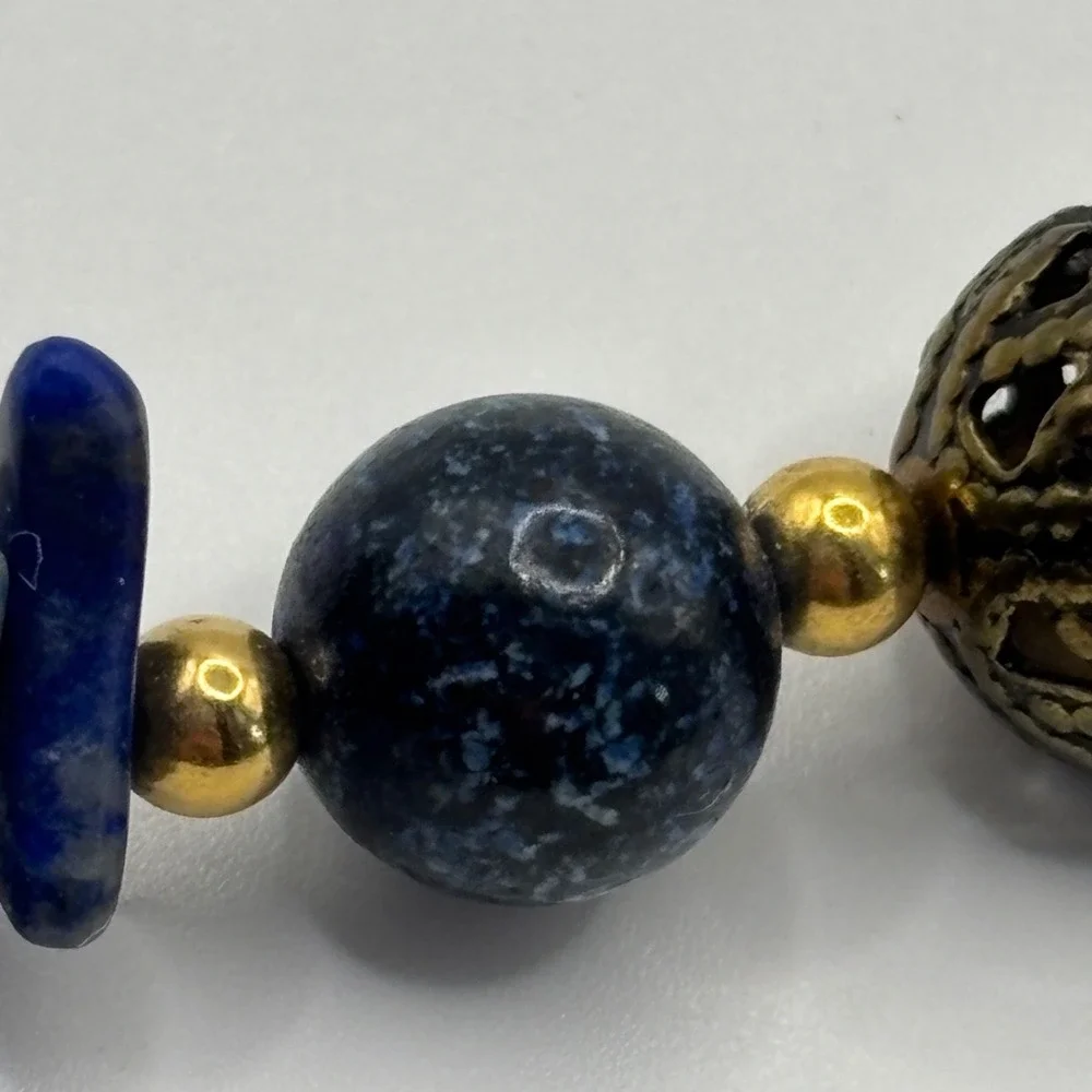 Vintage Lapis Lazuli Chips Filagree Beaded Necklace 31